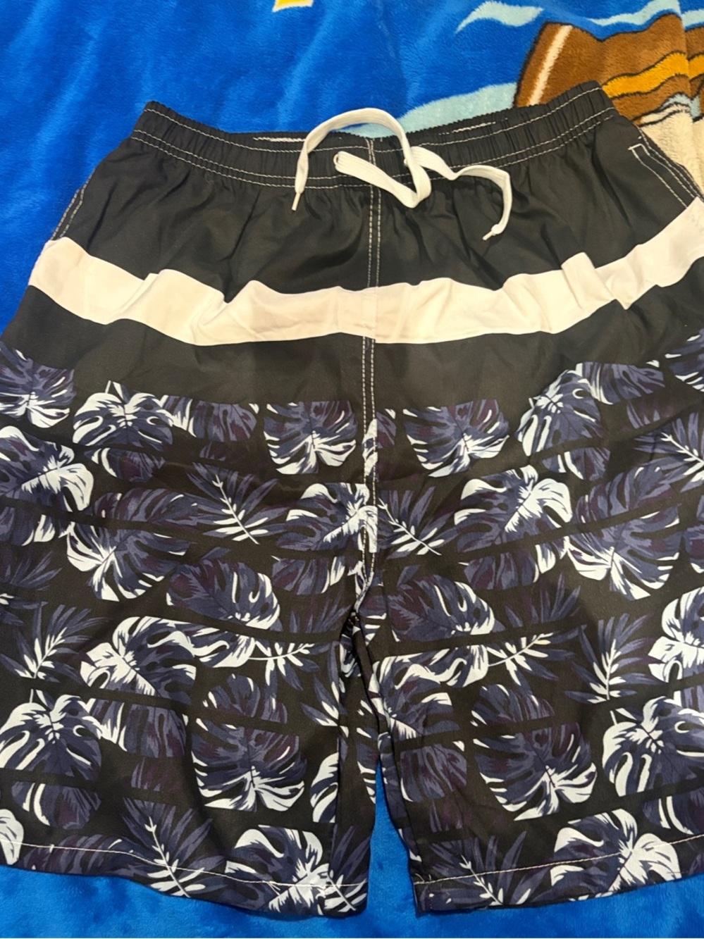 Men's Black Swim Trunks with Navy Tropical Print NWOT